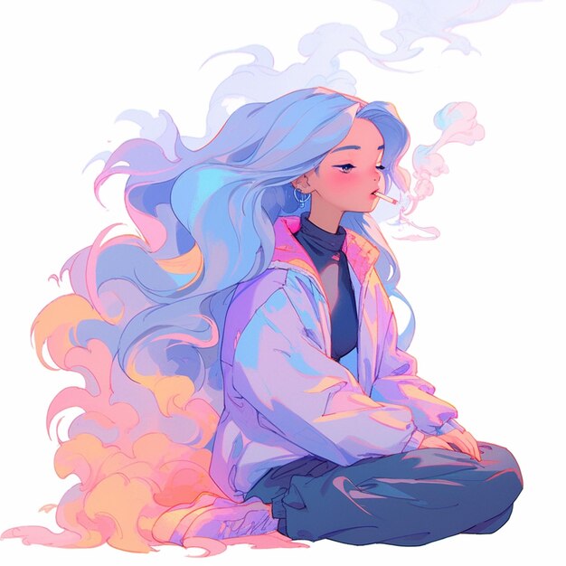 タバコを吸って地面に座っている青い ⁇ のアニメの女の子