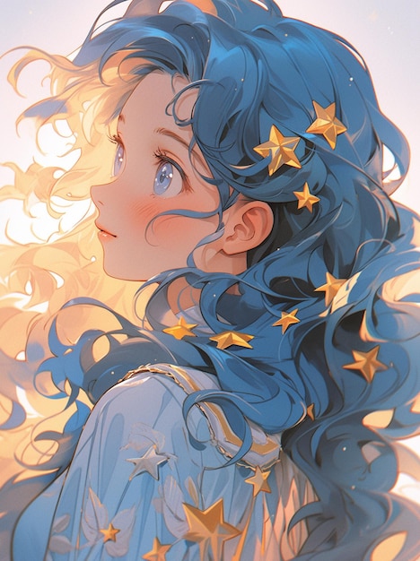 Anime girl with blue hair and stars in her hair generative ai