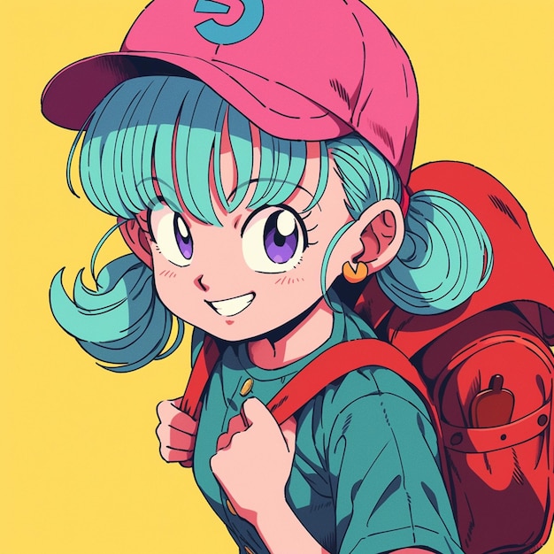 anime girl with blue hair wearing a pink hat and backpack generative ai