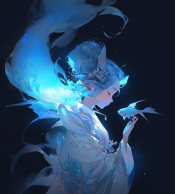 Anime girl with blue hair and white dress holding a bird generative ai