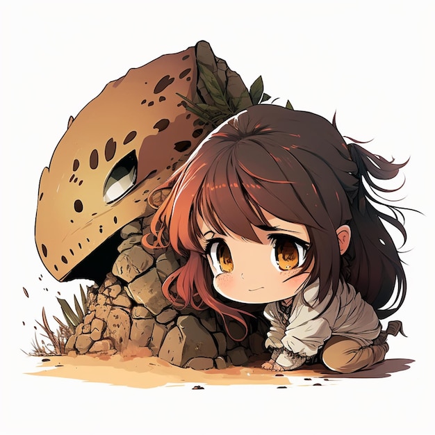 Anime girl with brown hair and brown eyes sitting in front of a rock generative ai