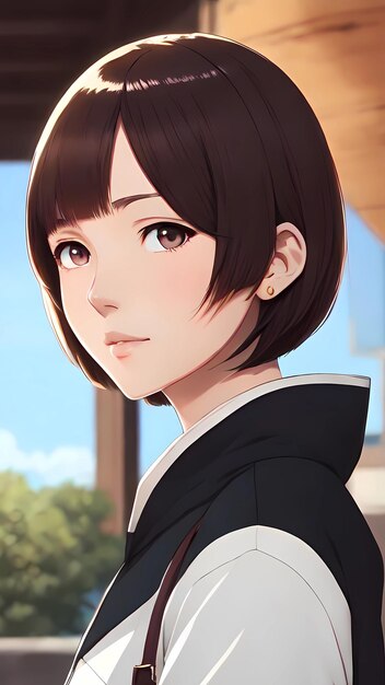 Anime style, woman with brown short hair, french bob hairstyle