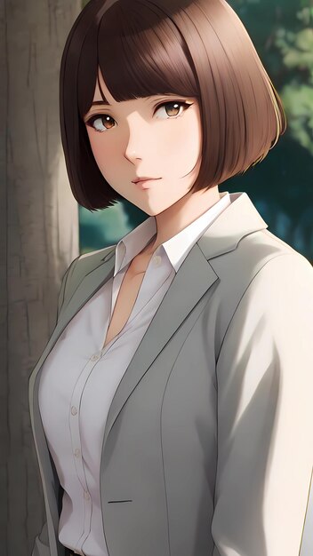 Anime girl with brunette short bob hair cut