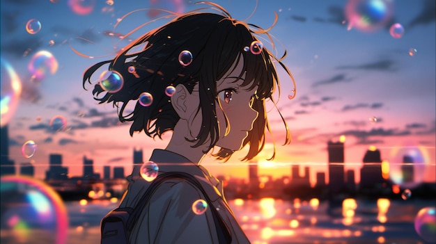 anime girl with a bunch of bubbles in her hair generative ai