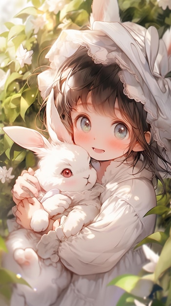 anime girl with bunny and rabbit in a garden generative ai