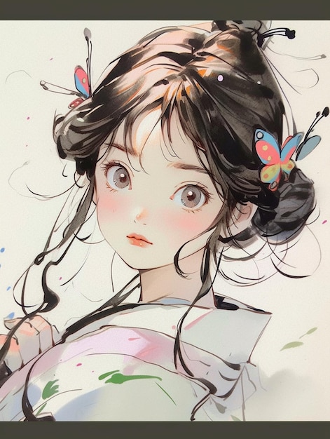 Anime girl with butterfly hair clip in her hair generative ai