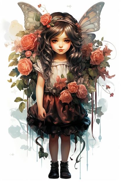 髪に蝶の羽とバラを持つアニメの女の子生成ai