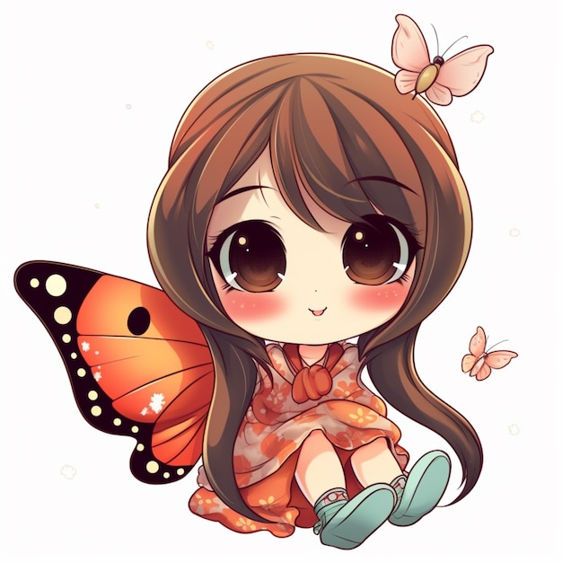 Anime girl with butterfly wings sitting on the ground generative ai