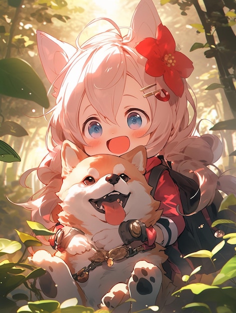 Anime girl with a cat and dog in the woods generative ai