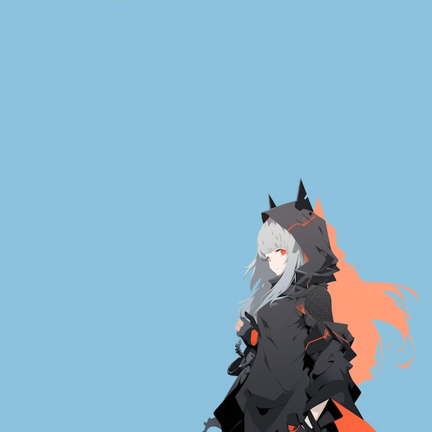 Аниме девушка с кошачьими ушами и черным пальто, генеративный ИИ