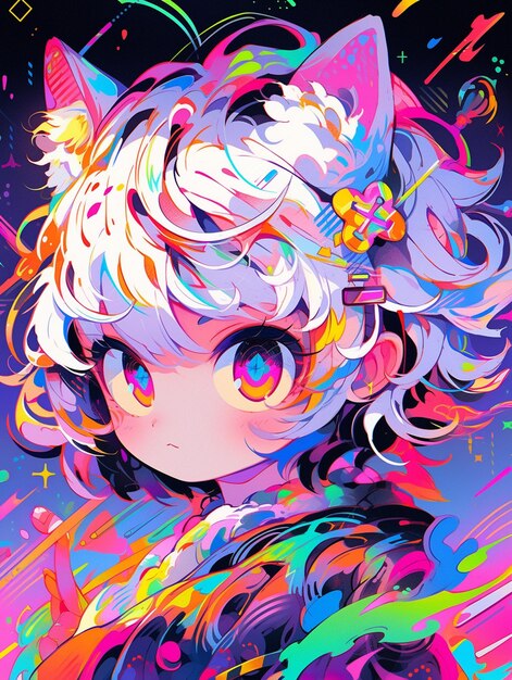 Anime girl with a cat ears and a colorful dress generative ai