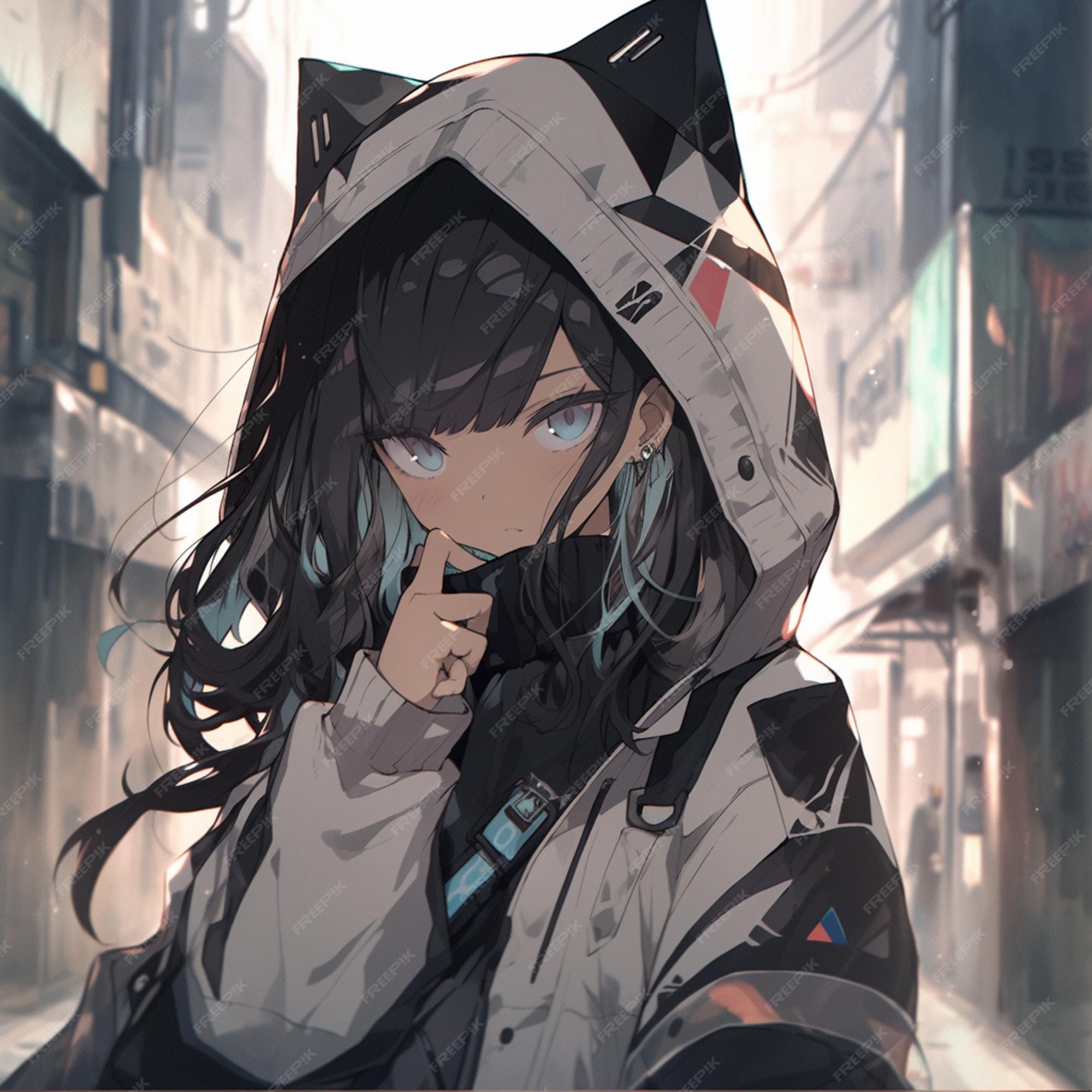 Premium Photo | Anime Girl With Cat Ears And Hoodie In A City Street  Generative Ai