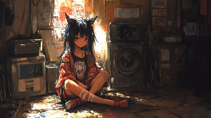Photo anime girl with cat ears sitting in a room with speakers