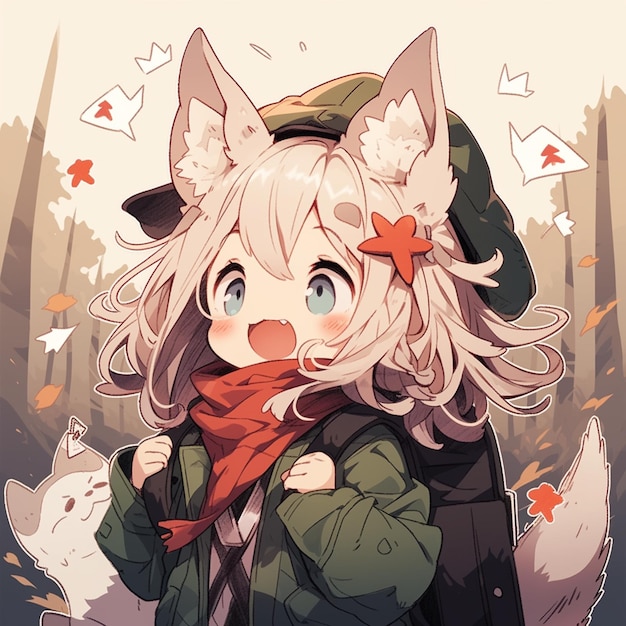 Anime girl with a cat hat and scarf holding a cat generative ai