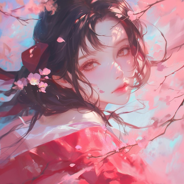 Аниме девушка с вишневыми цветами в волосах и красным кимоно