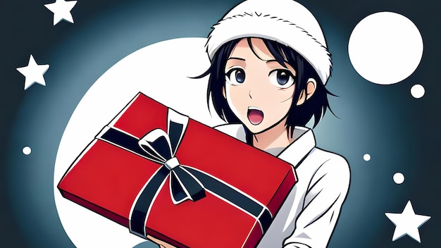 Anime girl with Christmas gift box Generative AI illustration