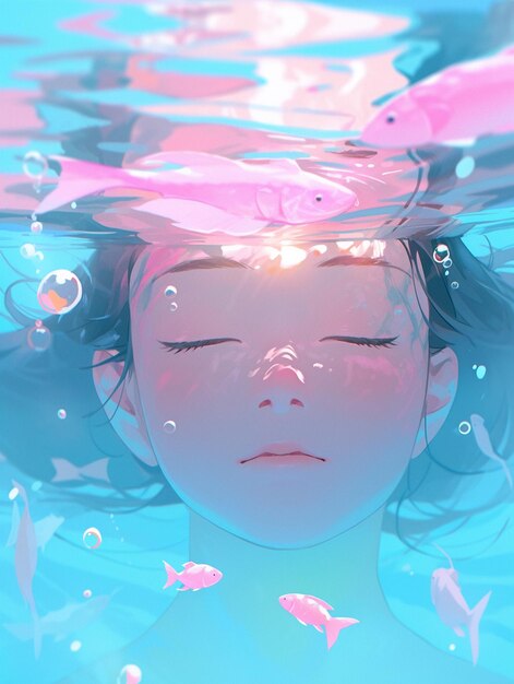 Anime girl with closed eyes and pink hair floating in water generative ai