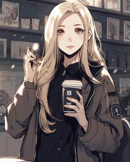 Ragazza anime con uno zaino e una tazza di caffè ai generativa