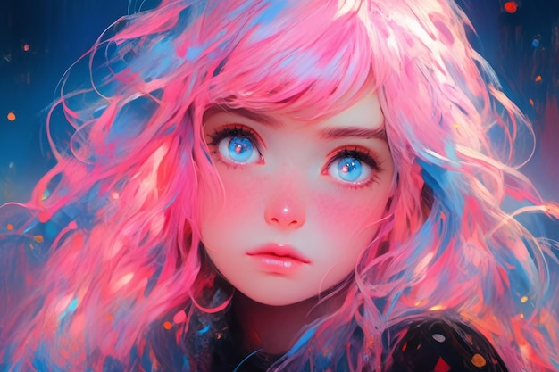 An anime girl with colorful hair in the style of vibrant futurism Generative AI