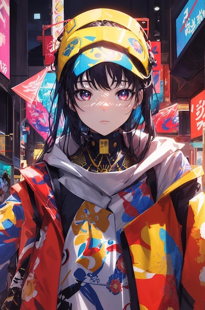 Premium AI Image | Anime girl with a colorful headdress on the street.