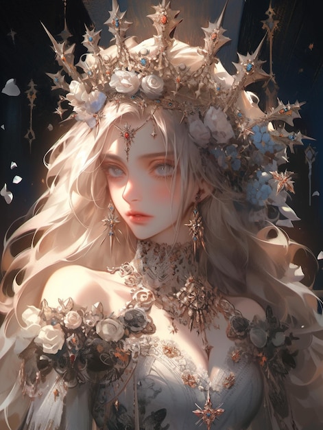 Anime girl with a crown of flowers and jewels generative ai