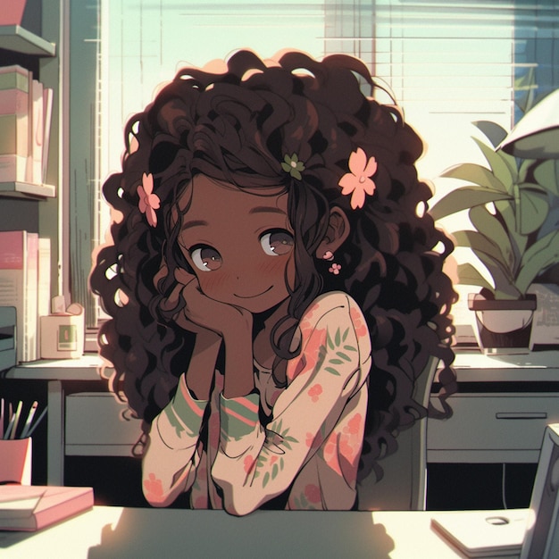 Anime girl with curly hair sitting at a desk with a laptop generative ai