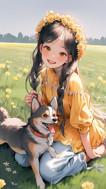 꽃밭에 개를 데리고 있는 애니메이션 소녀 생성 ai
