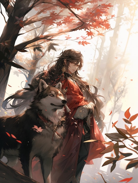 anime girl with a dog in a forest generative ai