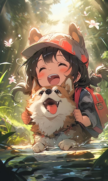 Аниме-девочка с собакой на руках