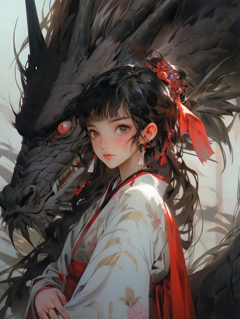 anime girl with dragon headdress and red hair generative ai