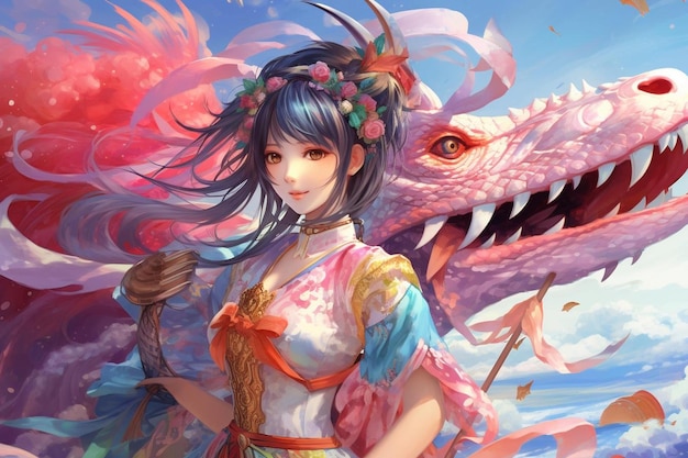 Anime girl with a dragon on her head