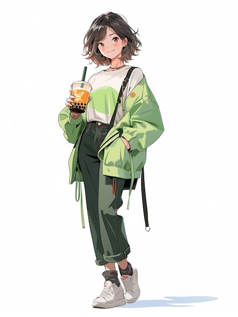 Anime girl with a drink and a backpack generative ai