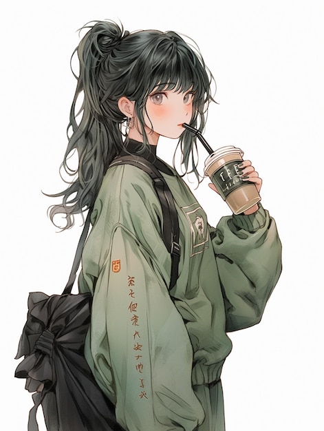 Anime girl with a drink in her hand and a bag generative ai