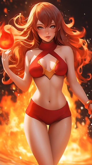 Anime girl with fire power in red bikini