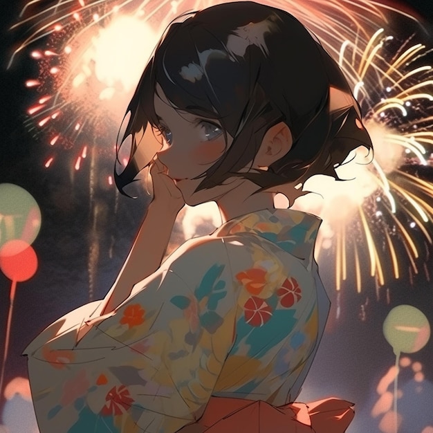 Photo anime girl with fireworks in the background generative ai