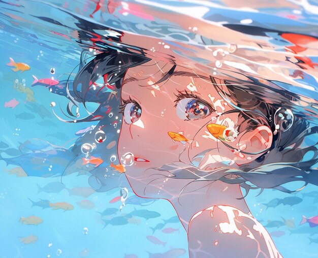 수영장에서 눈에 물고기가 있는 애니메이션 소녀