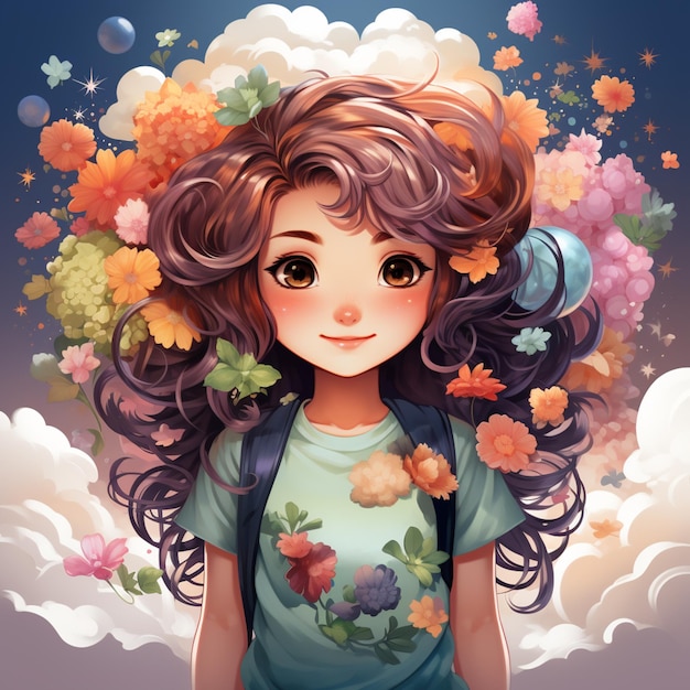 Anime girl with flowers in her hair and backpack generative ai