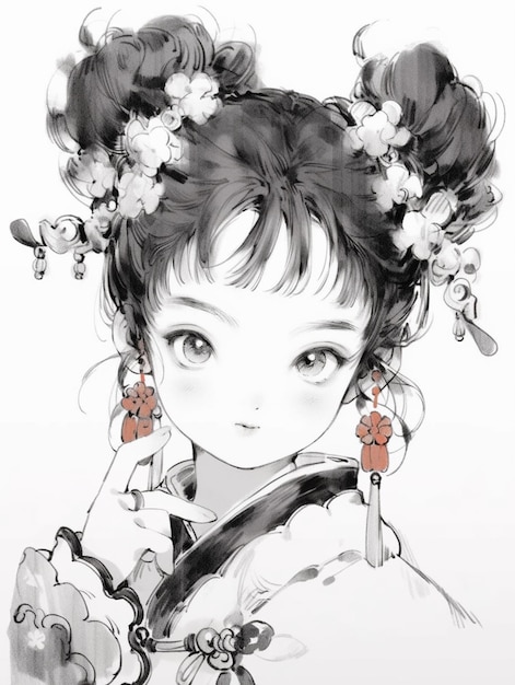 Anime girl with flowers in her hair and a black and white picture generative ai