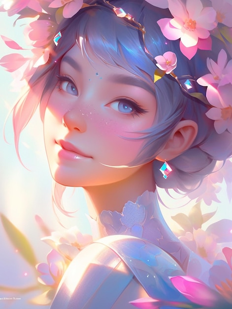 머리카락에 꽃과 파란색 드레스를 입은 애니메이션 소녀