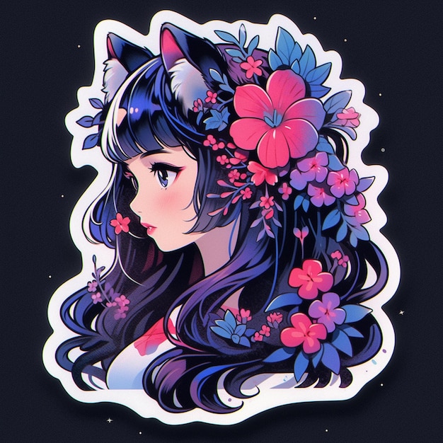 Девушка из аниме с цветами в волосах и кошачьими ушами