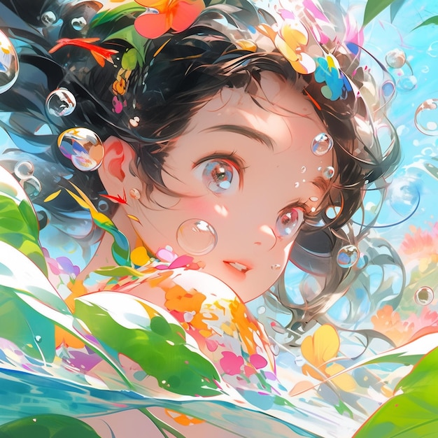 アニメの女の子はの毛に花をかぶって水に浮かんでいます