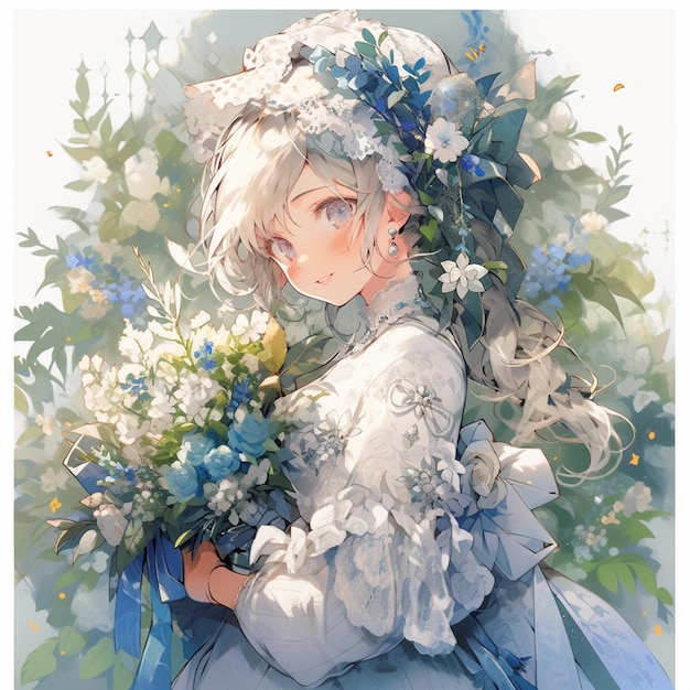 머리에 꽃을 꽂고 하얀 드레스를 입은 애니메이션 소녀 생성 ai