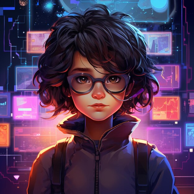 Anime girl with glasses and a backpack in front of a futuristic background generative ai