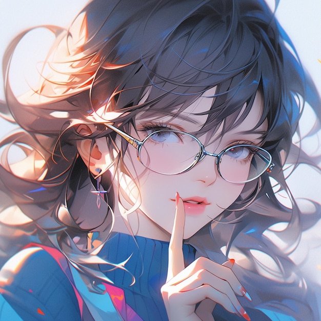 Anime girl with glasses and a blue shirt holding her finger to her lips generative ai