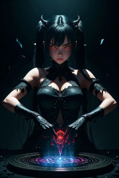 Premium AI Image  A black anime girl with glowing eyes and a black  background.