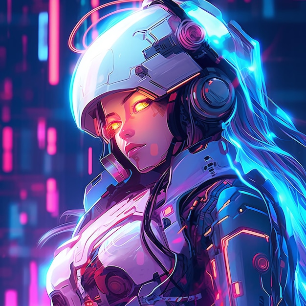 Anime girl with glowing eyes and wearing protective armor and a white helmet generative ai