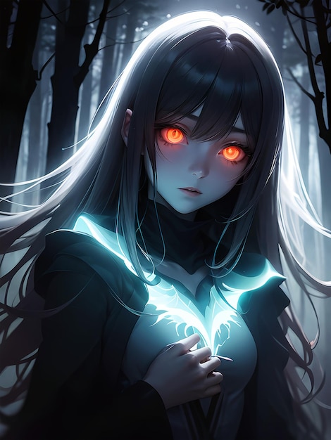 Premium AI Image  an anime girl with glowing red eyes in a dark forest