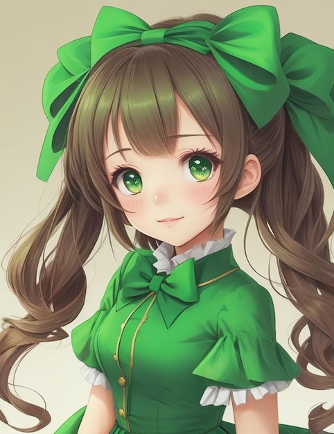 Anime girl with a green dress and a bow on her head