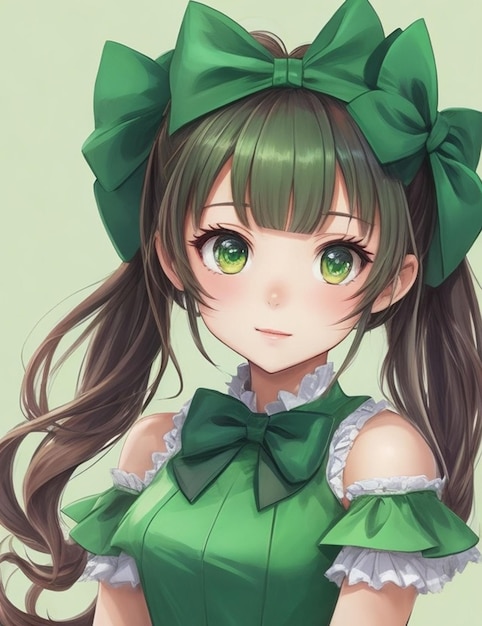 Anime girl with a green dress and a bow on her head