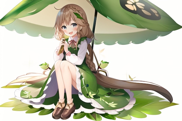 Anime girl with a green dress and a flower on her hair